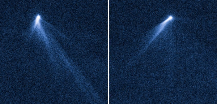Two images of P/2013 P5 show its "spinning tails"