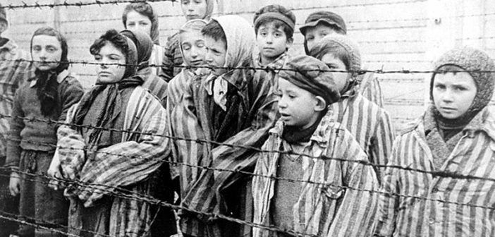 Still photograph of child survivors at Auschwitz from the Soviet Film of the liberation of Auschwitz