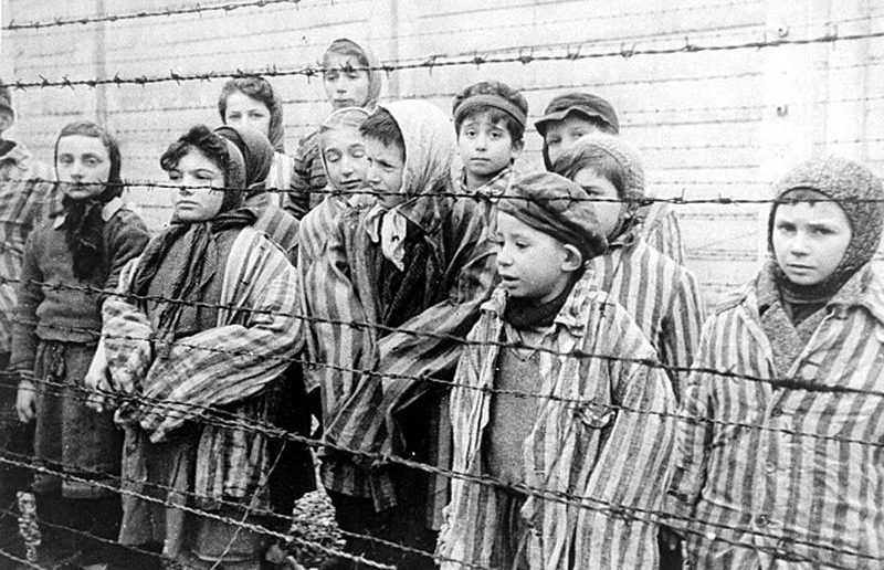 Still photograph of child survivors at Auschwitz from the Soviet Film of the liberation of Auschwitz