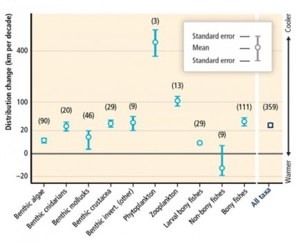 How the average distribution of key marine groups has been changing, measured in kilometres per decade, based on observations over 1900-2010. Positive distribution changes are consistent with ocean warming: that is, marine life moving into previously cooler waters, generally poleward