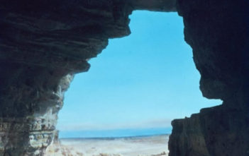 View of the Dead Sea from a cave at Qumran where some of the Dead Sea Scrolls were discovered