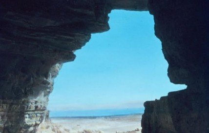 View of the Dead Sea from a cave at Qumran where some of the Dead Sea Scrolls were discovered