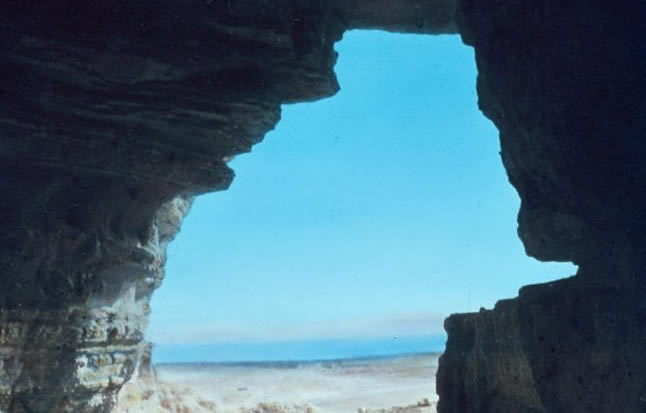 View of the Dead Sea from a cave at Qumran where some of the Dead Sea Scrolls were discovered