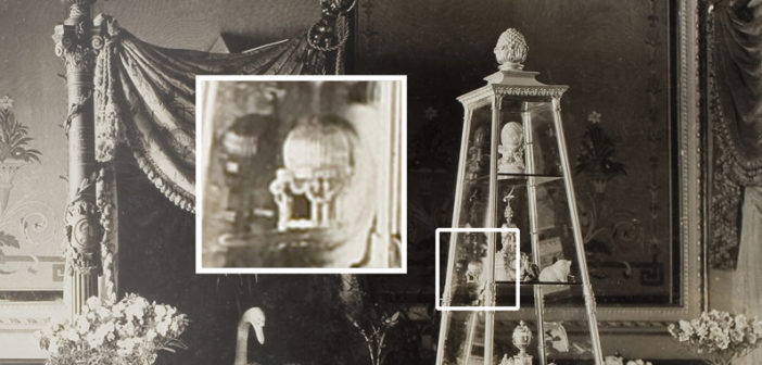 Faberge eggs on display in the Von Dervis Mansion Exhibition, St. Petersburg, March 1902