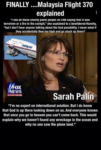 Viral image used to share satirical story about Sarah Palin's comments about the MH370 plane disappearance