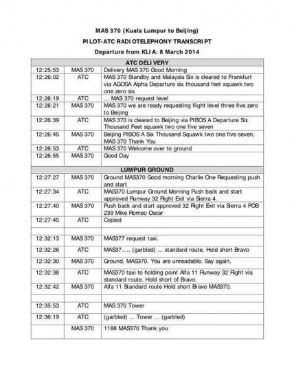Flight MH370 cockpit transcript (page 1)