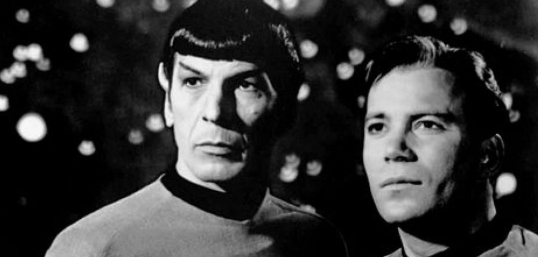 Leonard Nimoy and William Shatner as Mr. Spock and Captain Kirk from the television program Star Trek.