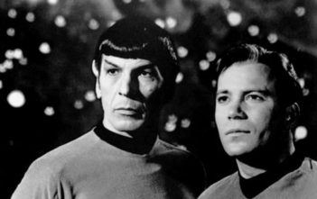 Leonard Nimoy and William Shatner as Mr. Spock and Captain Kirk from the television program Star Trek.