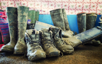 Mud-covered wellies