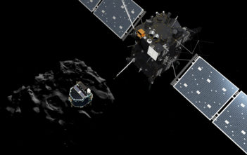 Artist impression showing Philae separating from Rosetta and descending to the surface of comet 67P/Churyumov-Gerasimenko.