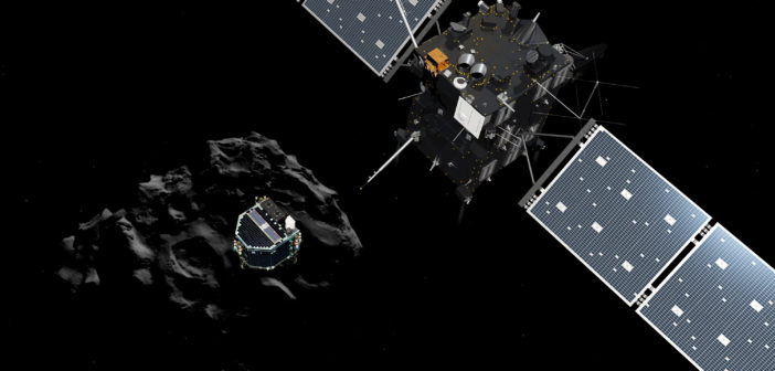 Artist impression showing Philae separating from Rosetta and descending to the surface of comet 67P/Churyumov-Gerasimenko.