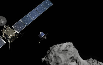 Rosetta mission poster showing the deployment of the Philae lander to comet 67P/Churyumov–Gerasimenko