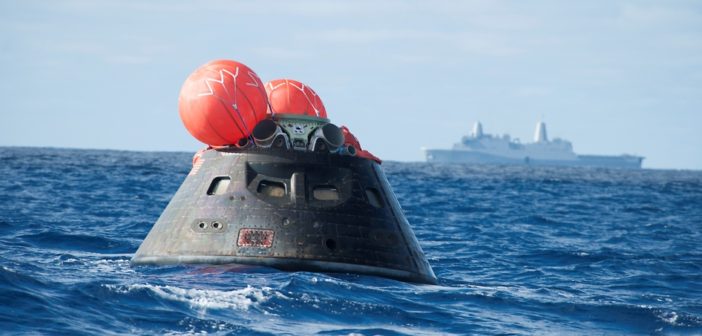 Orion spacecraft crew module awaits recovery in the Pacific Ocean