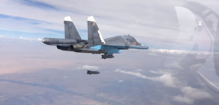 Russian Air Force SU34 drops bomb over Syria