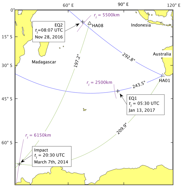 Location of earthquakes, and of signal thought to be from an object impacting the surface