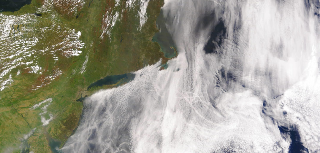 Satellite image of ship tracks, clouds created by the exhaust of ship smokestacks
