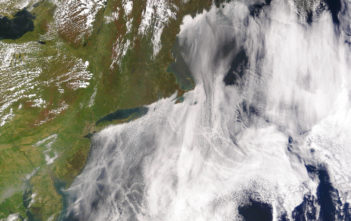 Satellite image of ship tracks, clouds created by the exhaust of ship smokestacks