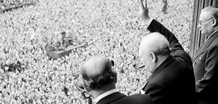 Winston Churchill celebrates VE Day in 1945