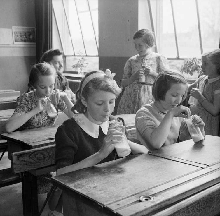School children drinking milk, 1944